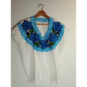 Linen Vintage Floral Embroidered Shirt Beach Summer Blue Boho Handmade M L